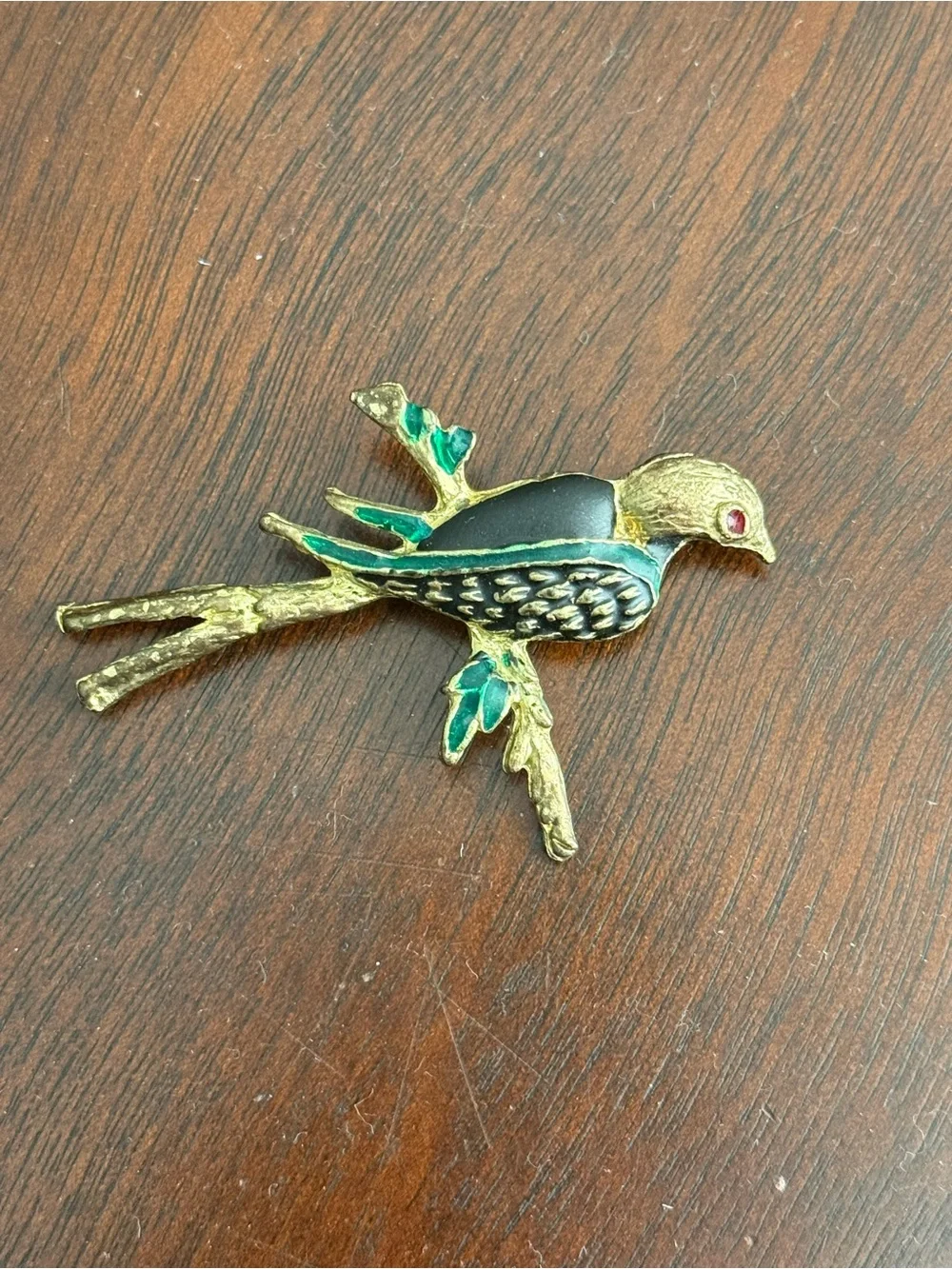 Gold-Tone Green & Black Enamel Bird Pin - Decorative Bird Brooch
